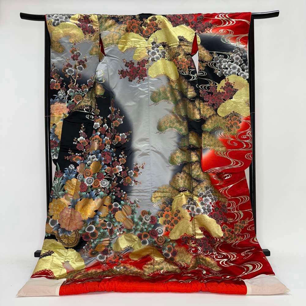 色打掛 正絹 ポリエステル 黒 グレー 打掛 花嫁衣裳 婚礼 リサイクル  