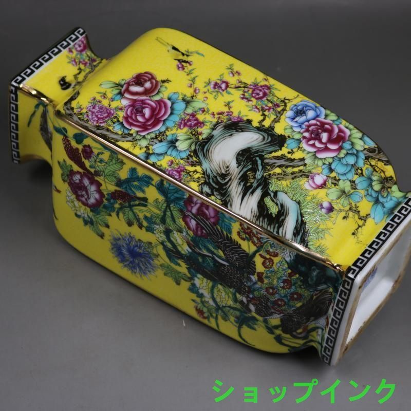 清乾隆黄地琺瑯彩花鳥四方花瓶 景徳鎮 陶磁器 装飾品 現代工芸品