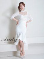 ホワイト ON2734-W-2305 Andy ANDY Fashion Press 15 COLLECTION 06 マーメイド| レース切り替え| デコルテシアー| ハイネック| 七分袖| 長袖| 袖あり| ワン | フィッシュテール| フリル