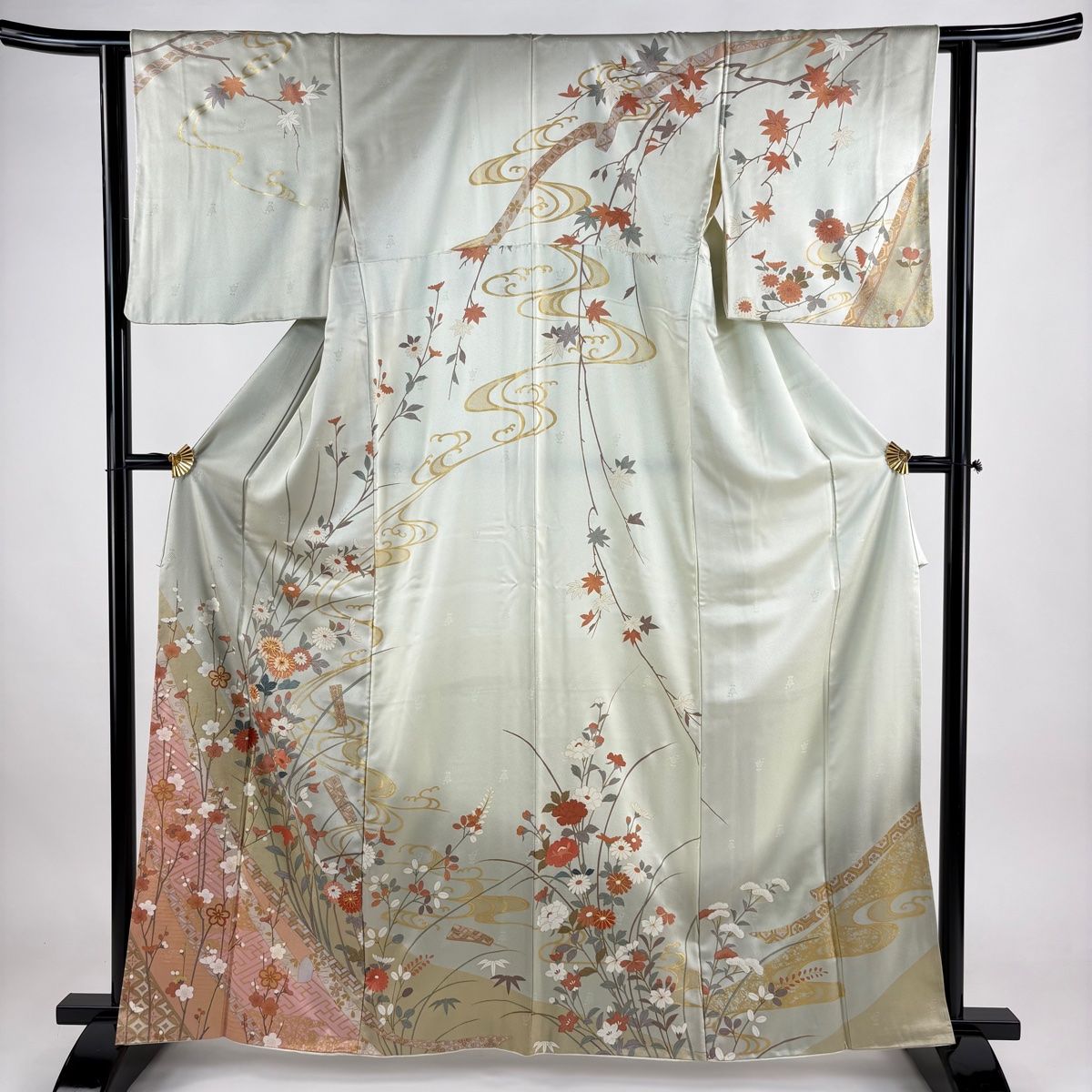 訪問着 身丈163cm 裄丈62cm S 袷 枝花 流水 金糸 金彩 灰緑 正絹 名品