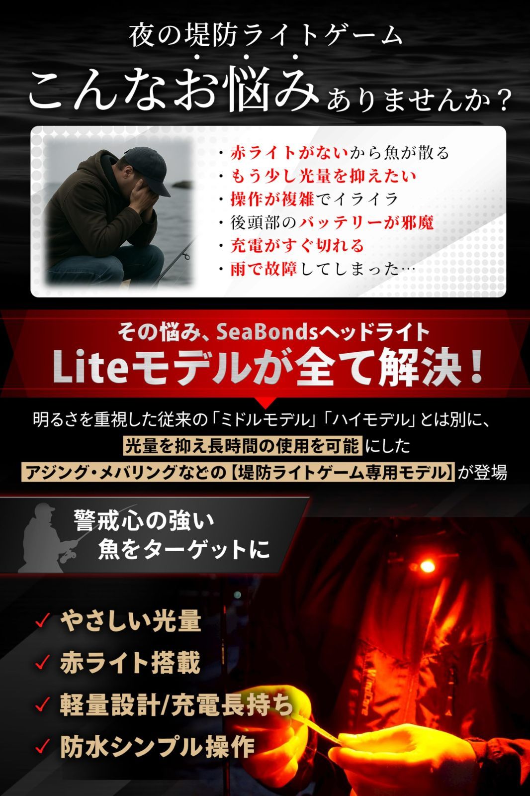 保護回路基板付き2200mAhバッテリー タイプC充電式 赤色LED搭載 アジング・メバリング・エギング対応 超軽量114g IP66防水 最大300ルーメン 堤防ライトゲーム専用 釣り ヘッドライト シーボンズ