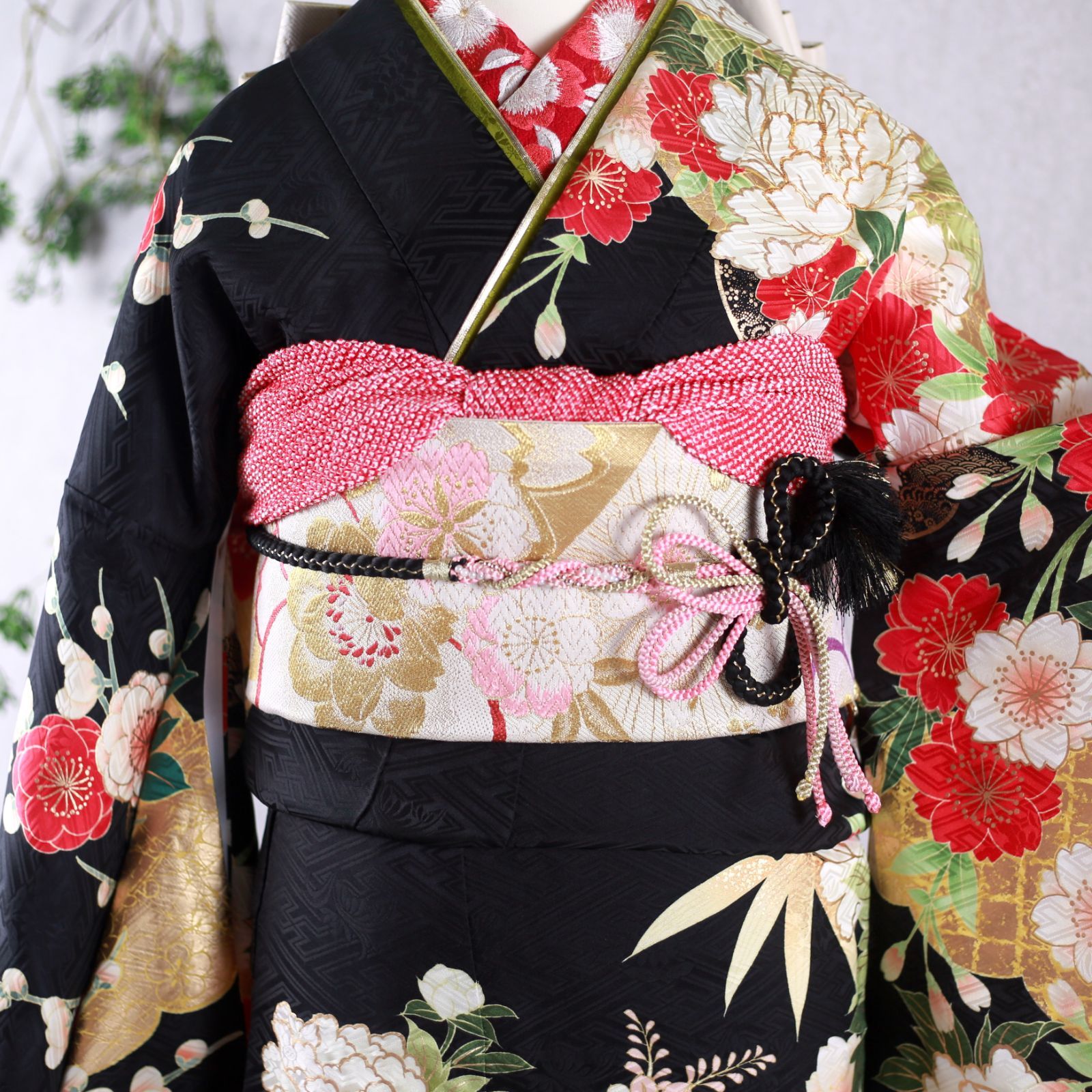 振袖フルセット 振袖セット 振袖 Lサイズ 黒×牡丹 美品 成人式 着物