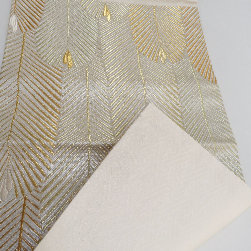 袋帯 正絹 松の葉紋様 金糸銀糸 金色x白色 刺繍入り ゴールド系