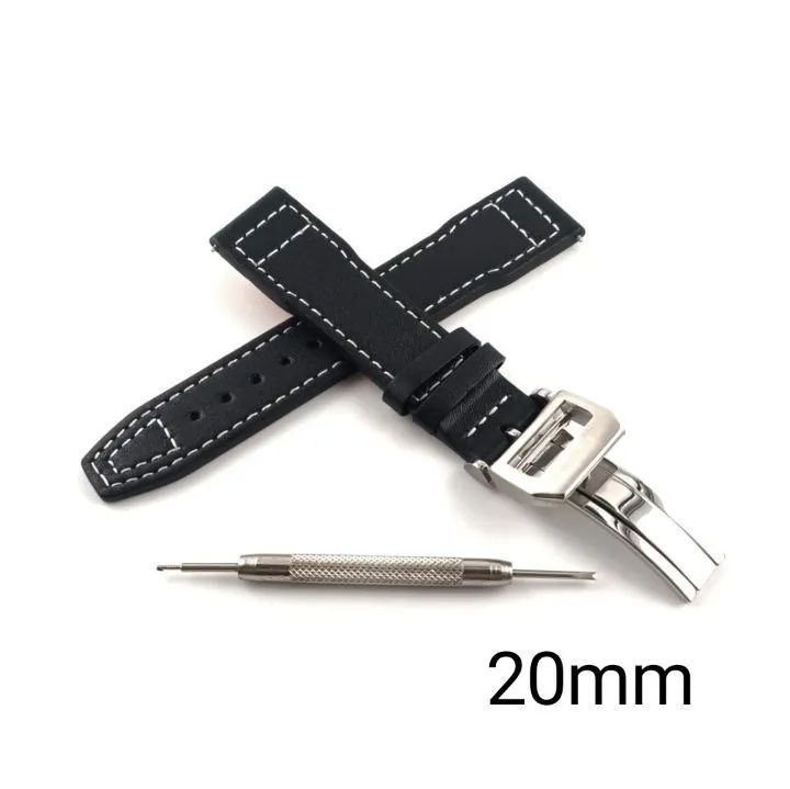 20mm 腕時計 カーフレザー 革ベルト スムースブラック 黒 【対応】IWC ポルトギーゼ パイロット ポートフィノ等