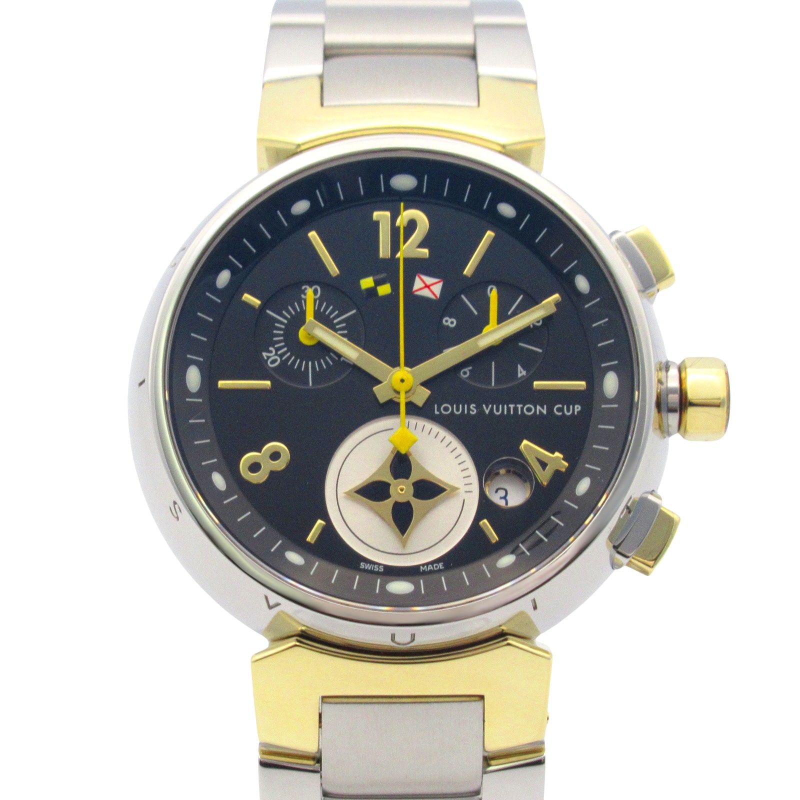 ルイ ヴィトン LOUIS VUITTON 腕時計 タンブール クロノ LVカップ Q1325 ブラック K18 イエローゴールド ステンレススチール タンブール クロノ LVカップ ボーイズ Used A