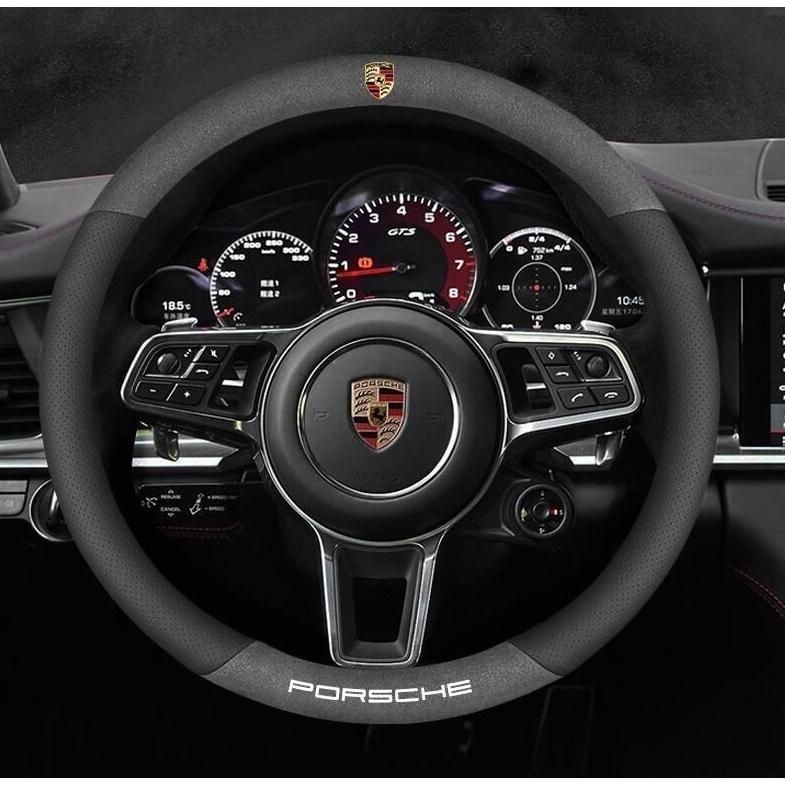 ◆ポルシェ PORSCHE◆ハンドルカバー ステアリングカバー ハンドル保護 コンパス 滑り止め 専車ロゴ 38CM O型◆ブラック アルカンターラ調