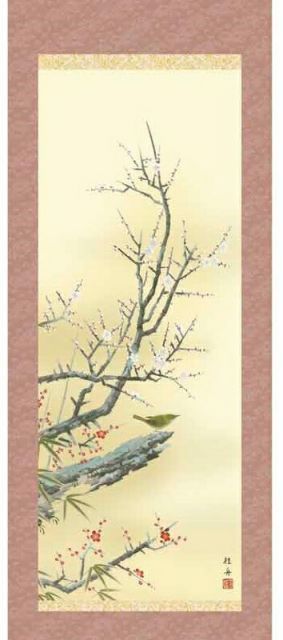 掛け軸 種類1：春・紅白梅に鶯 掛軸 【四季花鳥】 長江桂舟 尺五 花鳥画
