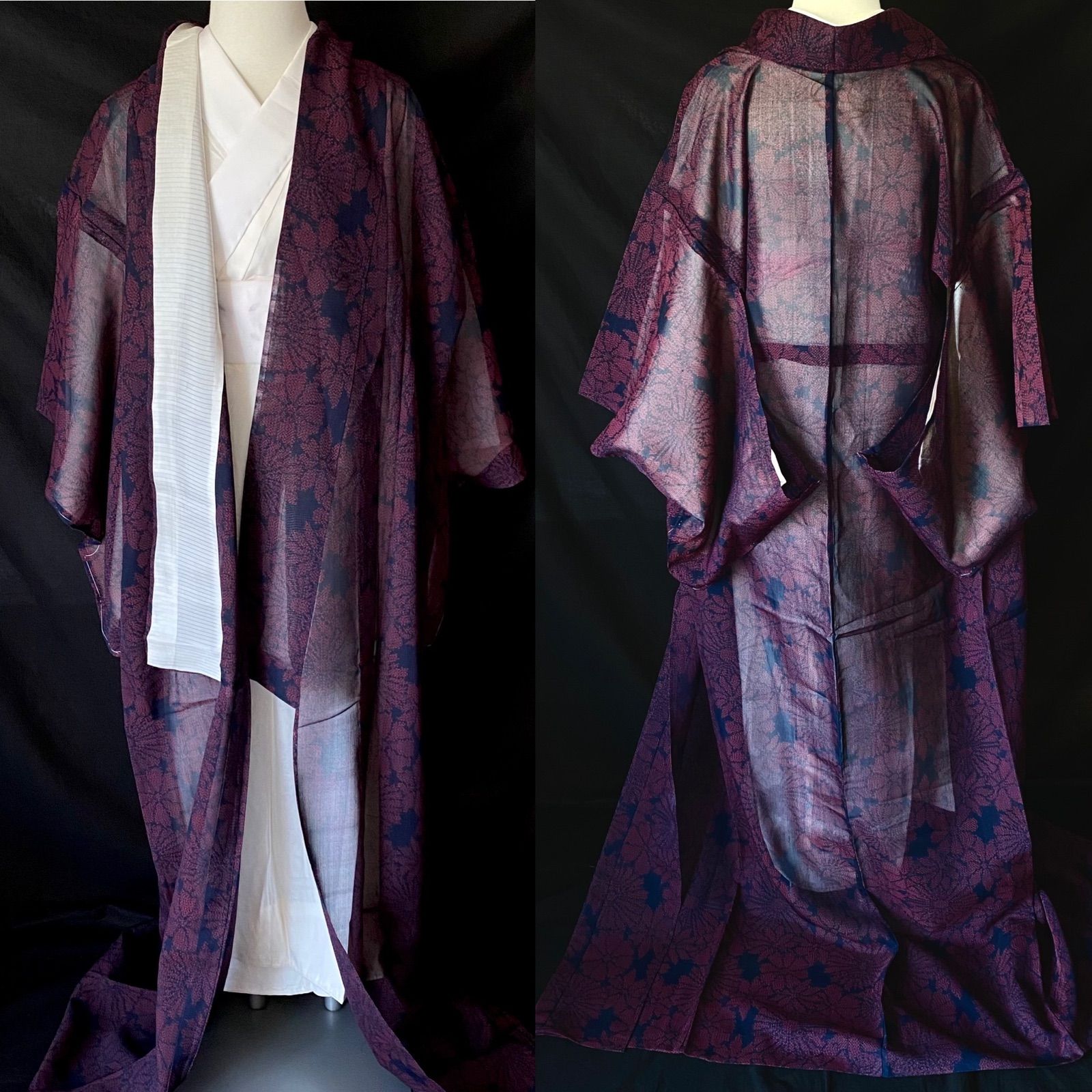 〈十日町紬　夏着物〉SALE 透ける　未使用品　花模様　織り出し　紫　トール