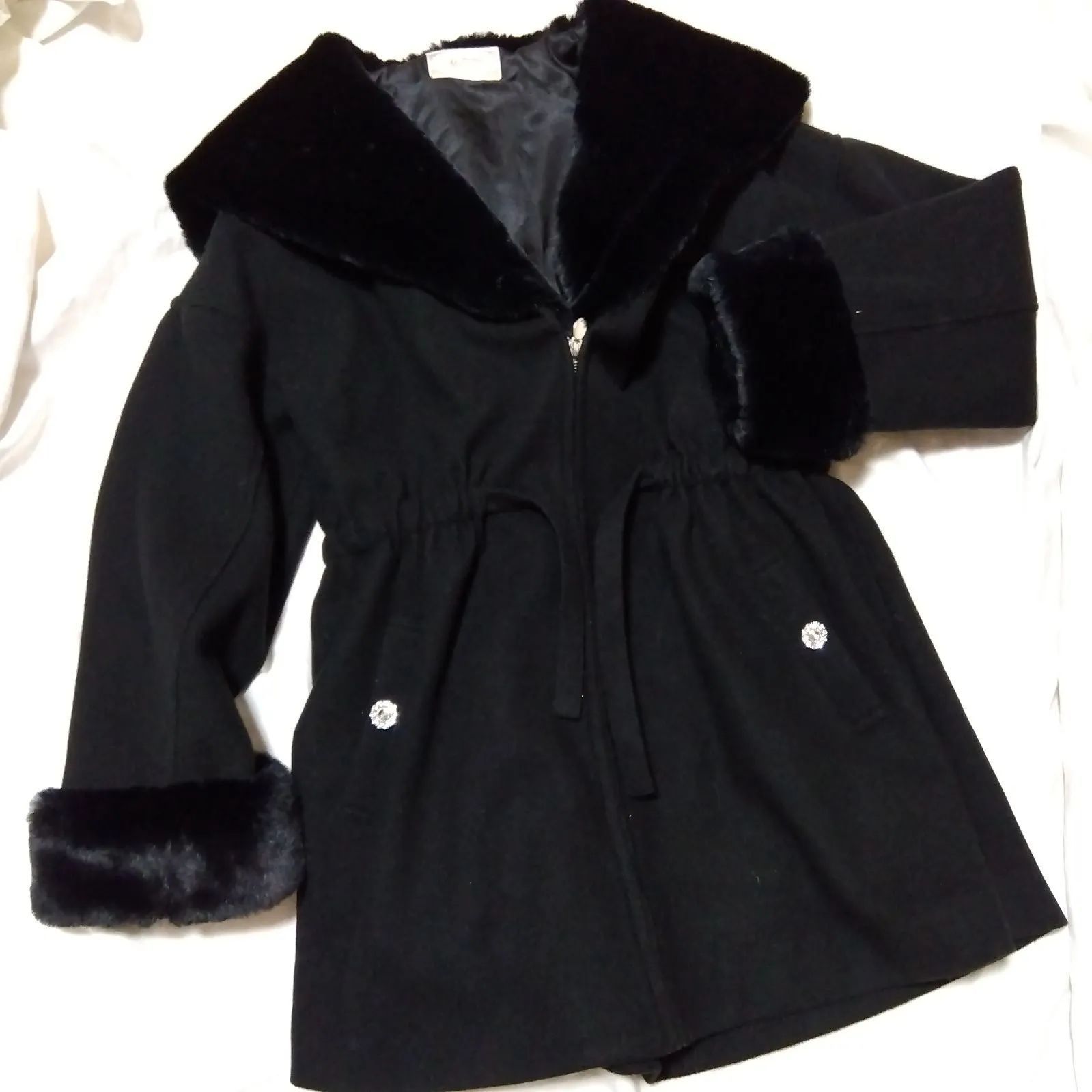 ミシェルマカロン ウエストリボンコート ファー ブラック フリーサイズ