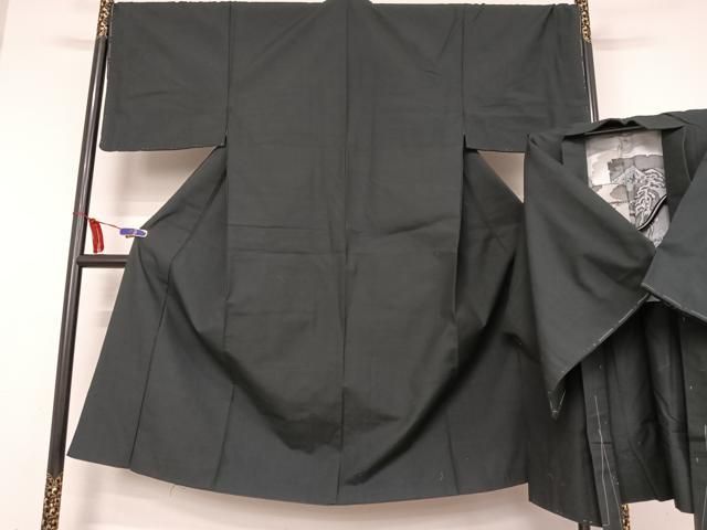 平和屋着物●男性 紬 アンサンブル 色無地 黒色 正絹 AABB0160zg