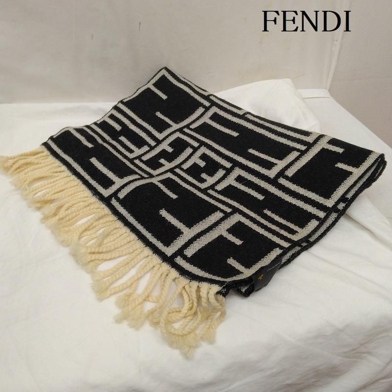 FENDI フェンディ ズッカ柄 ウール フリンジ マフラー リバーシブル