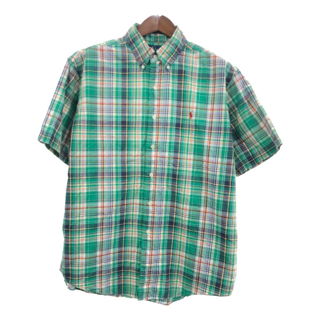 RALPH LAUREN ラルフローレン ボタンダウン 半袖シャツ ワンポイントロゴ タータンチェック グリーン (メンズ XL) 中古 古着 Q5686