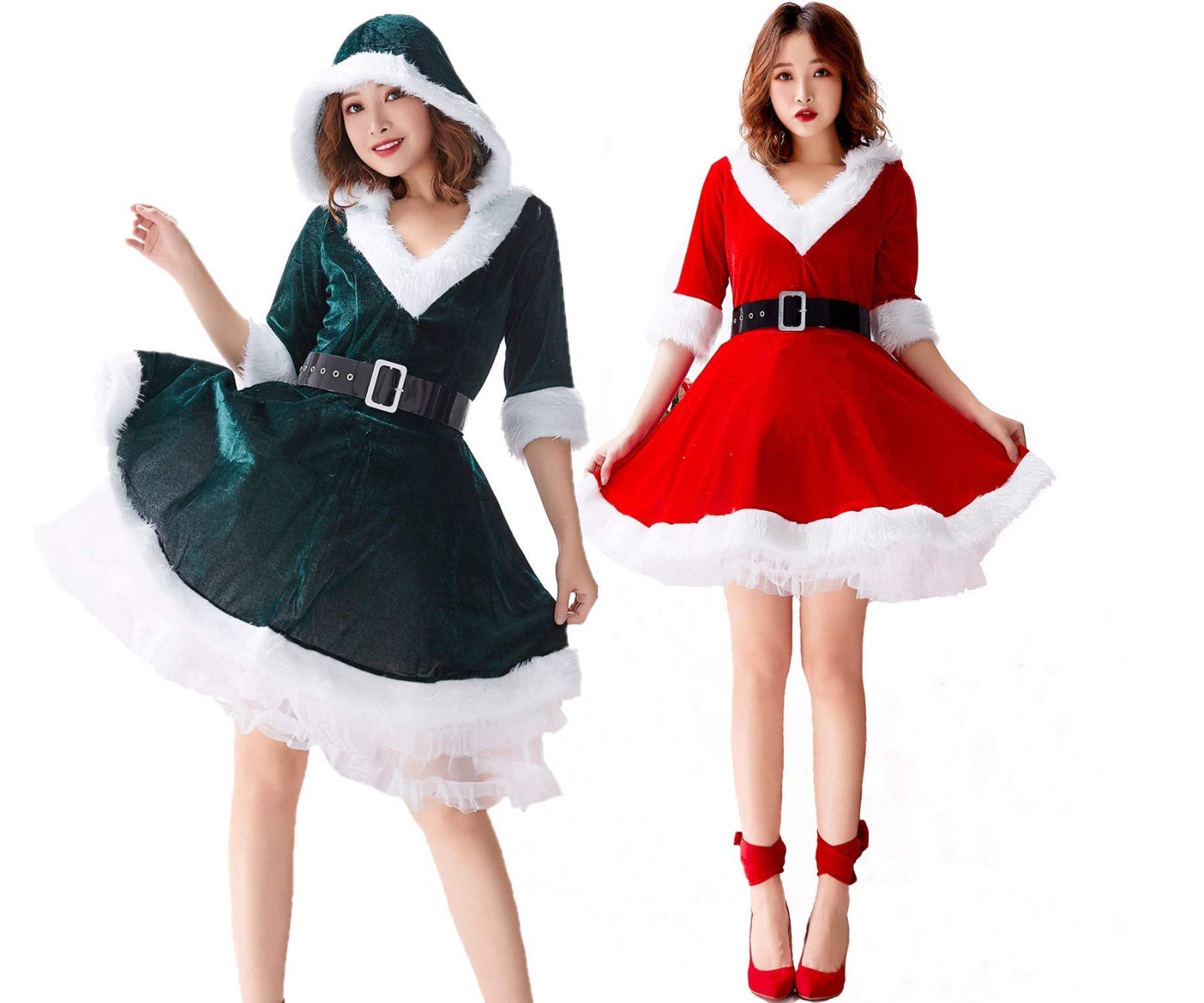 [JUNDOMECY] クリスマス コスプレ レディース セクシー サンタクロース 仮装 緑 赤 ワンピース 大きいサイズ 可愛い サンタ 衣装 イベント パーティー 舞台 新年会 (レッド M)