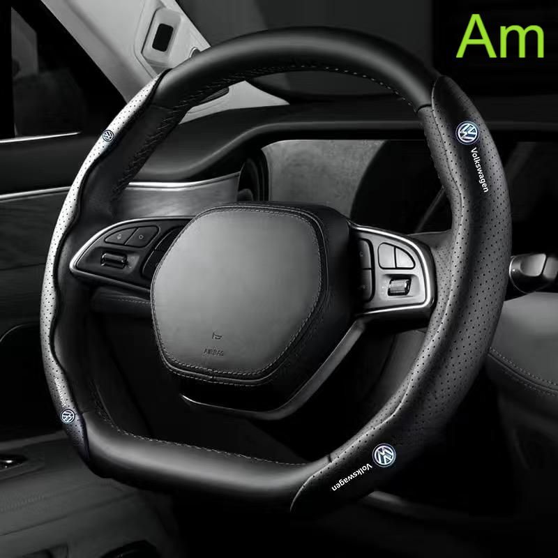 フォルクスワーゲンブラックハンドルカバー ハンドル保護 専車ロゴ ステアリングカバー レザー 滑り止め D型 O型 分割 タイプ 2本セット aacn qtm
