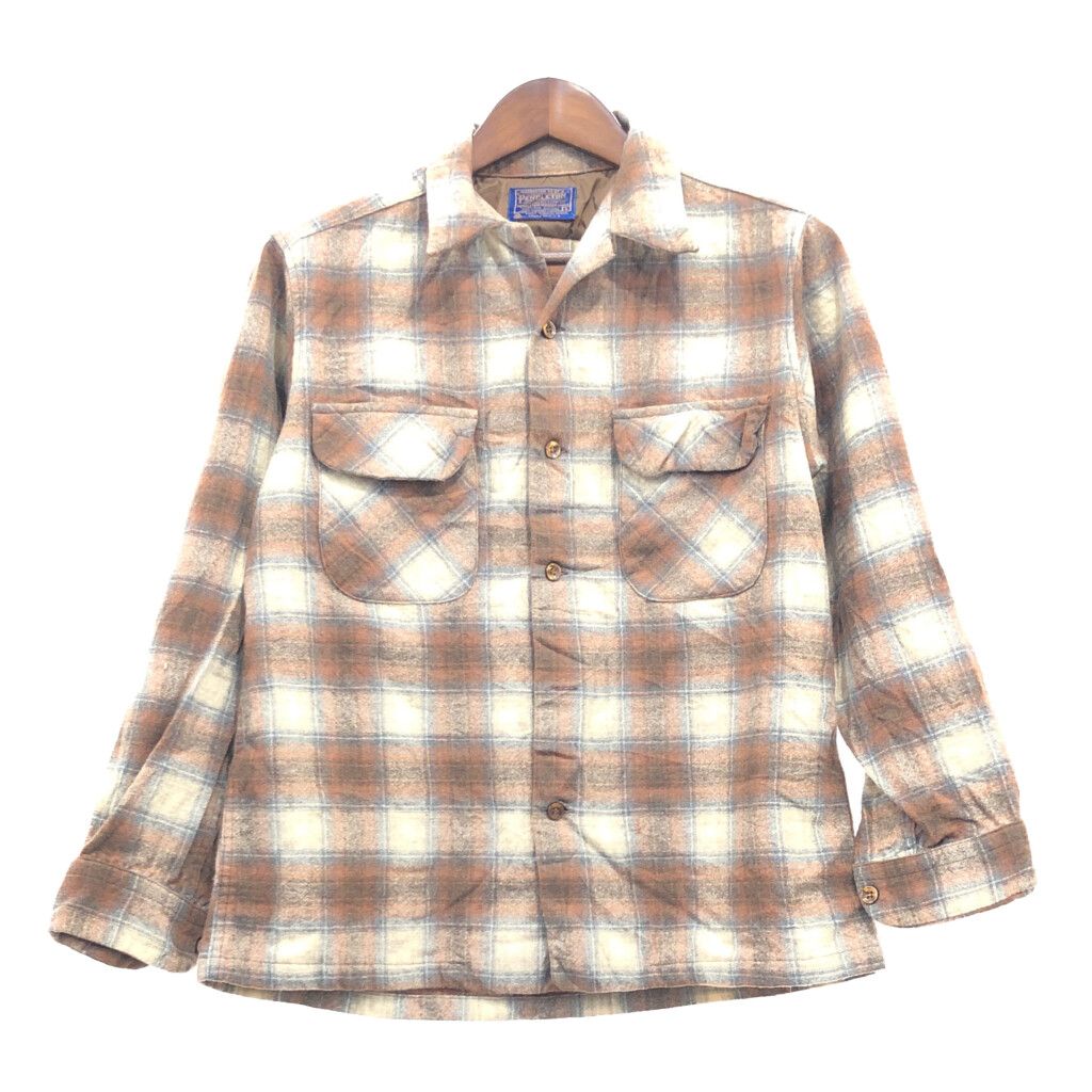 70年代 USA製 PENDLETON ペンドルトン オープンカラー ウール チェック 長袖シャツ ヴィンテージ ブラウン (メンズ L) 中古 古着 P8185