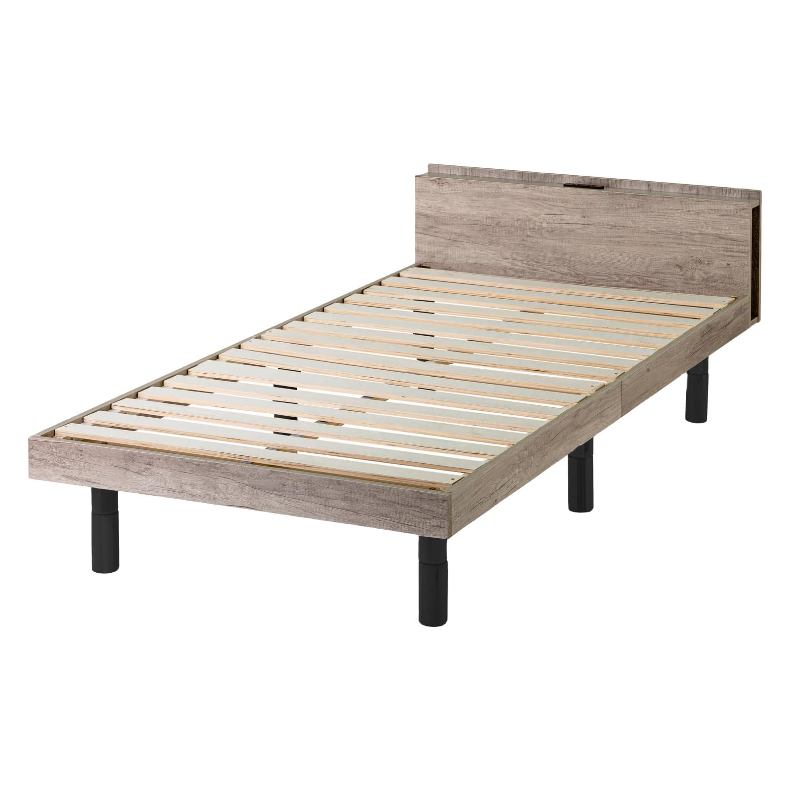 ベッドフレーム すのこ 宮棚付き 木製 ベッド ヘットボード完成品 2口コンセント Life 3段階 高さ調整 ブックシェルフ付 In ロースタイル 耐荷重200kg シングル Major グレー シングル