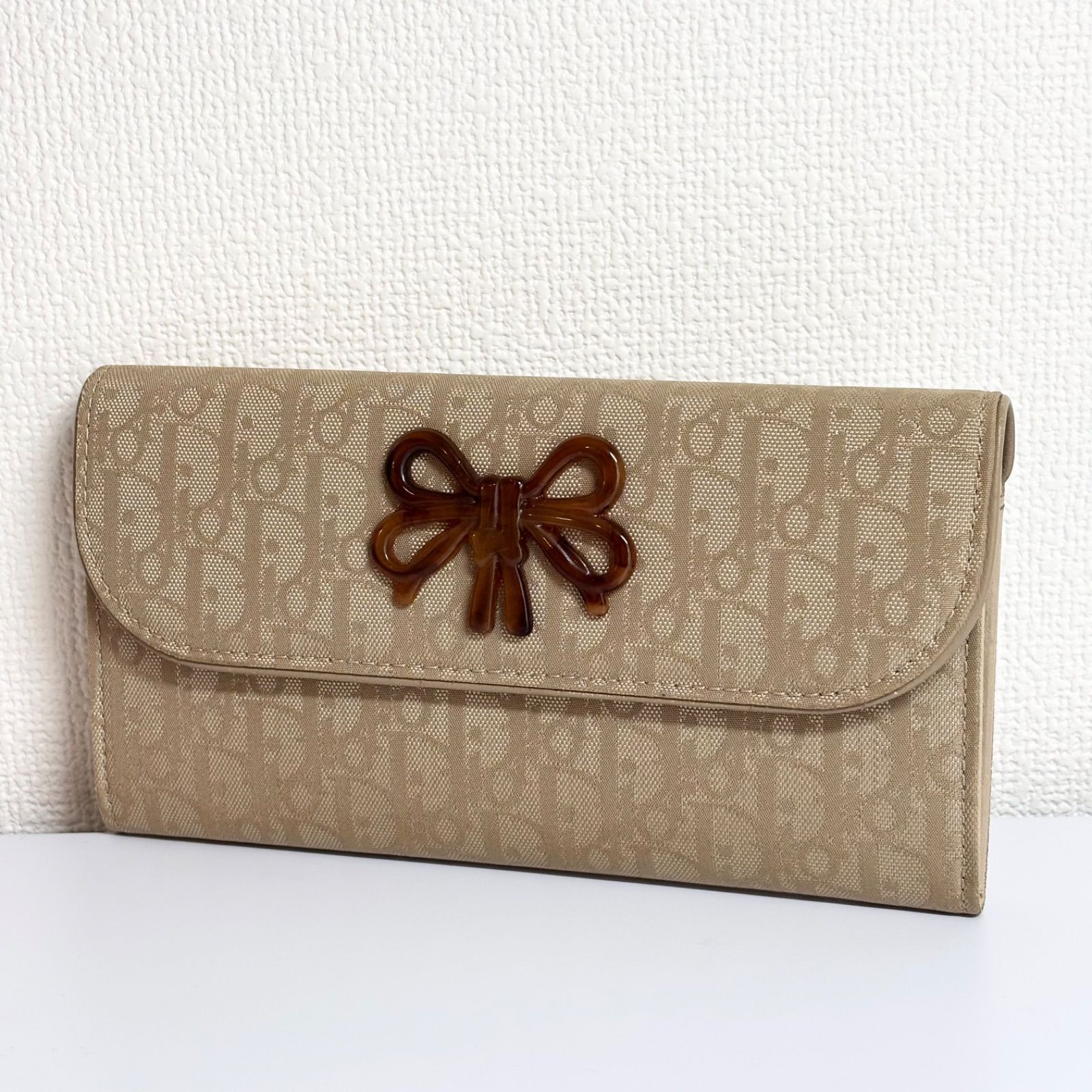 Christian Dior トロッター リボン ウォレット　ベージュ 美品 DIOR ディオール トロッター柄 鼈甲リボン 二つ折り 長財布