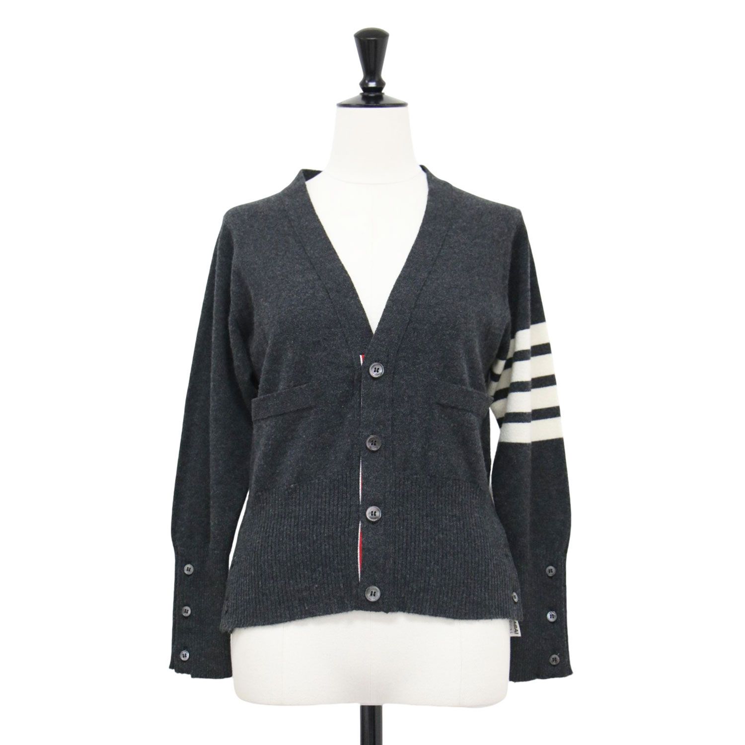 THOM BROWNE トムブラウン カーディガン チャコールグレー サイズ 1 S | 4BAR カーディガン | ニット | Vネック 長袖 ショート丈 ライン入り ウール | トップス セーター レディース