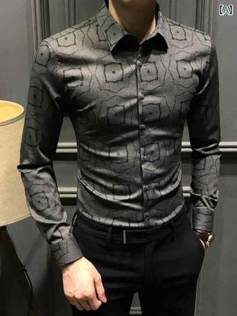 2XL 秋冬 コーデ メンズ 服 シンプル ファッション オシャレ 大人 かっこいい 大きいサイズ ストリート 紳士服 プリント シャツ 長袖 スリム カジュアル ビジネス ウェア ノー アイロン