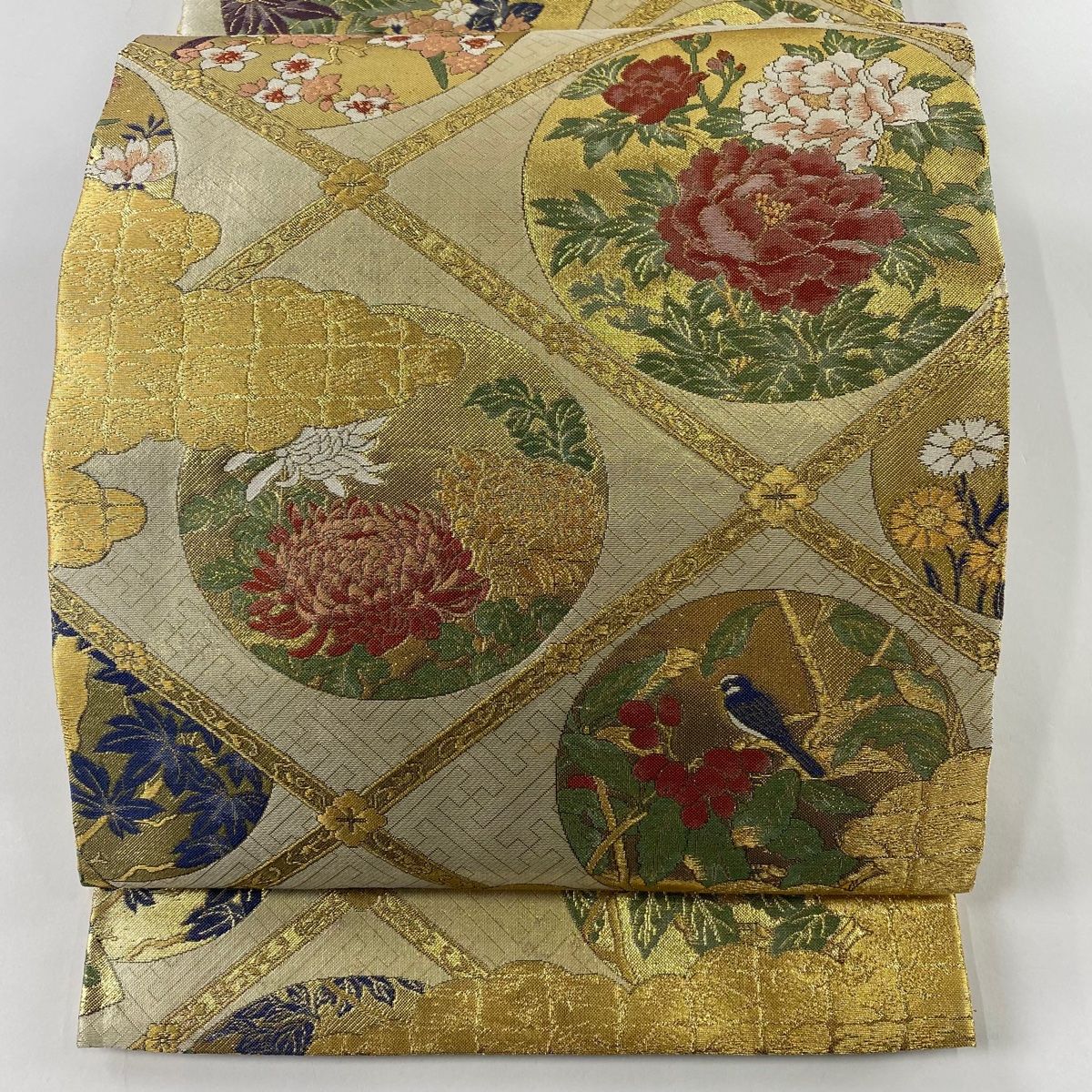 丸帯 秀品 落款 本金箔 花鳥図絵 箔 金糸 金色 お太鼓柄 正絹