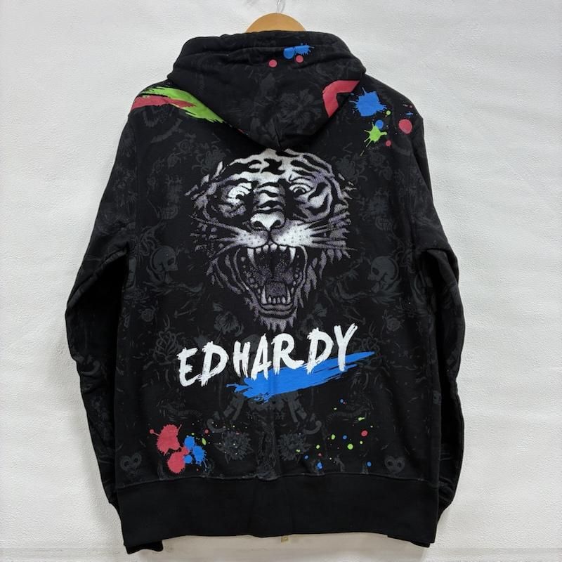 90s Ed Hardy 黒 ブラック スウェット フーディー ジップ パーカー 定番】Ed Hardy エドハーディー ブラックパーカー オーバー