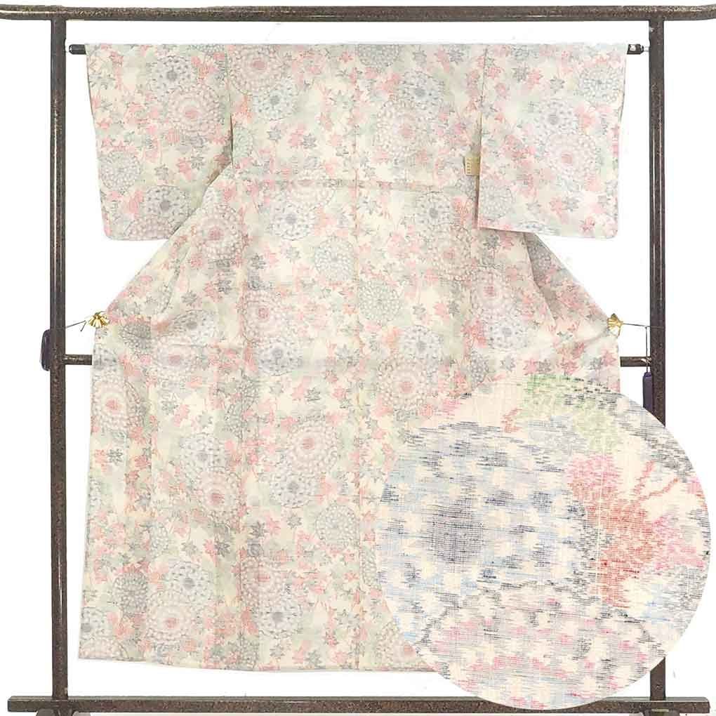 紬 身丈155cm 裄64cm 前幅23cm 後幅29cm 袖丈49cm 袖幅32cm レディース 単衣 花柄 裄Mサイズ 初夏 初秋用 正絹 シルク ホワイト リメイク リユース リサイクル 呉服のきくや