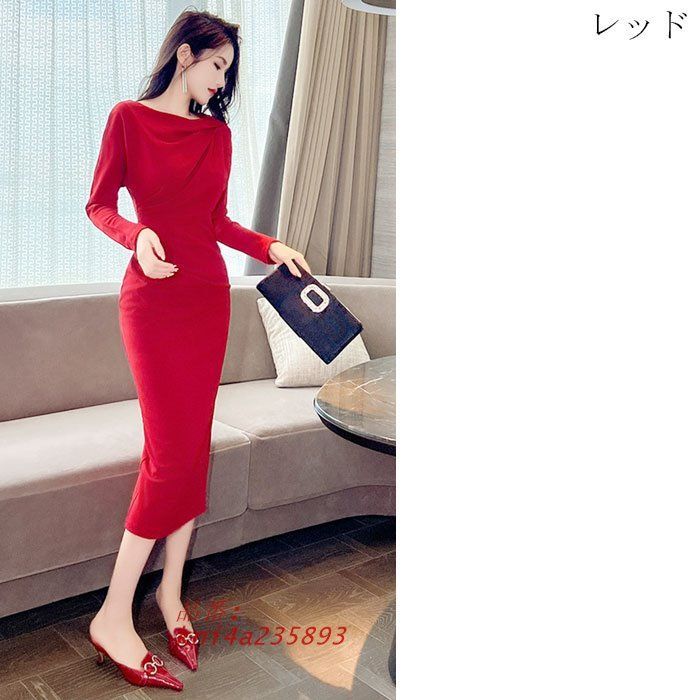 ショルダーゆったり加工 ウエストギャザーミモレ丈長袖タイトワンピース 赤 ピンク 結婚式 お呼ばれ 韓国 パーティー kni4a235893