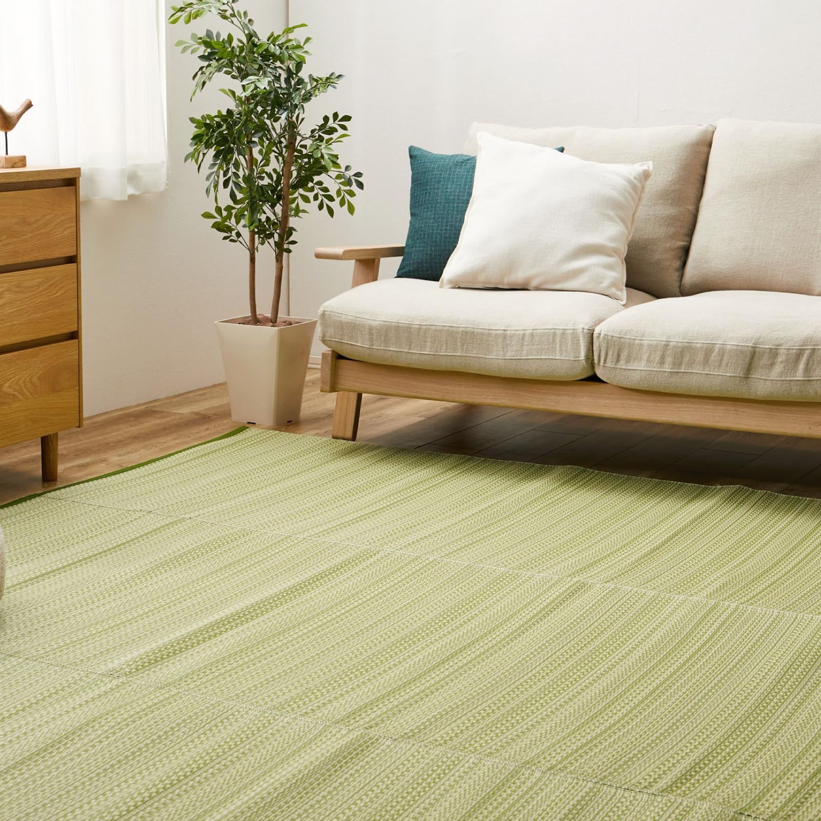 在庫処分 約191×286cm ライアン 本間3畳 グリーン 和モダン い草風カーペット 洗える 日本製 萩原