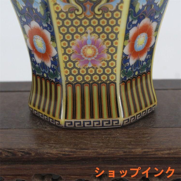 琺瑯彩花鳥六方賞瓶  装飾品 現代工芸品美術品 置物 琺瑯彩花鳥六方紅色賞瓶 陶磁器 現代工芸品 美術品 装飾品 置物