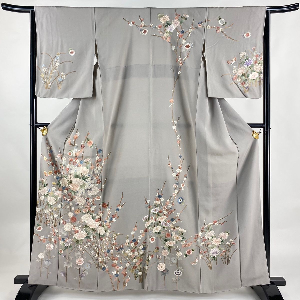 訪問着 身丈161.5cm 裄丈66cm M 袷 枝花 蝶 刺繍 金糸 灰色 正絹
