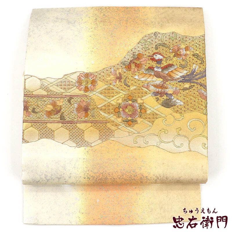 名古屋帯 正絹 九寸帯 お太鼓柄 ベージュ 鳳凰 道長取り 上品 長さ354cm 幅30.5cm リサイクル 和装セミフォーマル 着物 仕立て上がり