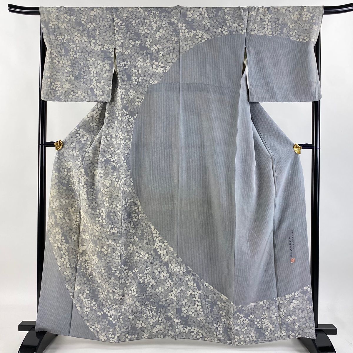 訪問着 身丈161cm 裄丈67.5cm L 袷 落款 萩 縦縞 青灰色 正絹 秀品