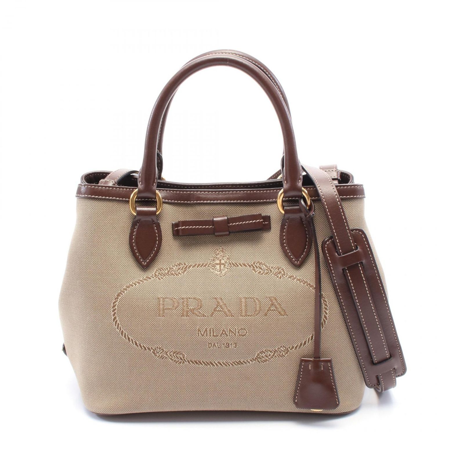プラダ PRADA ハンドバッグ LOGO JACQUARD ロゴジャガード 1BA172 ブラウン|ベージュ キャンバス レザー ジャガードロゴ 2wayハンドバッグ レディース Used A