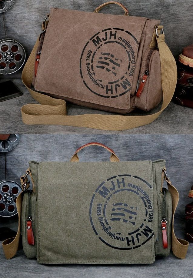 メッセンジャーバッグ グリーン/ブラウン ショルダーバッグ 斜め掛け キャンバス 帆布 メンズ 通学 バイク アウトドア