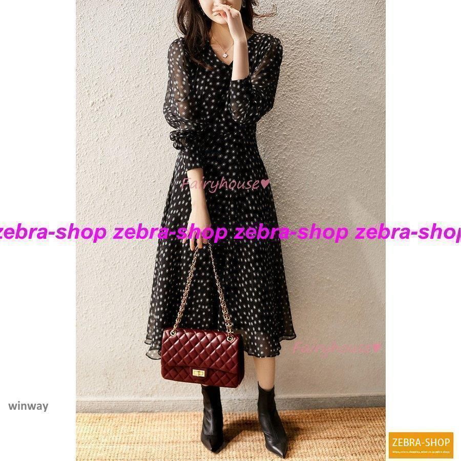 ワンピース レディース 40代 きれいめ マキシワンピース 春秋 長袖ワンピース Vネック ドット柄 Aラインスカート オシャレ大人 xzdsjbb