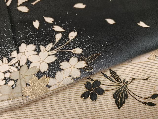 平和屋着物●上質な小紋　夜桜　ほたる暈し　黒地　鬼しぼ縮緬　正絹　逸品　AABE1216ph 平和屋着物○上質な小紋 夜桜 ほたる暈し 黒地 鬼しぼ縮緬 正絹