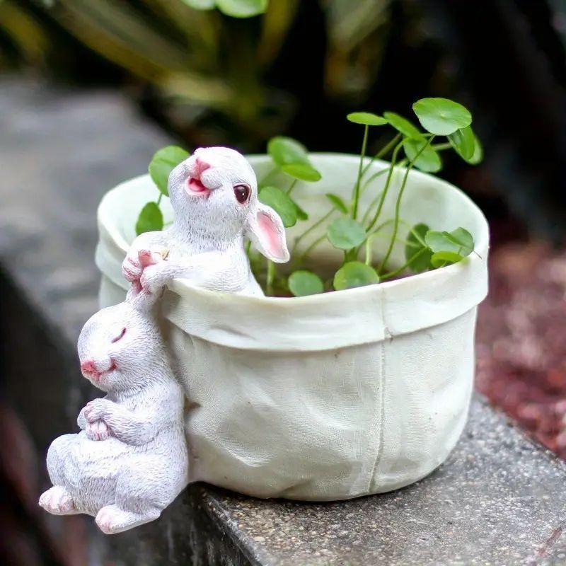 かわいらしいレジン製ウサギのプランター . 多肉植物＆鉢植え用装飾 | 家庭 オフィス 庭 バルコニーに最適なユニークデザイン