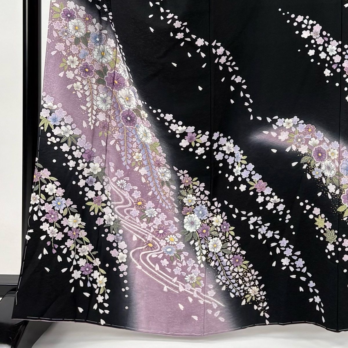 訪問着 身丈162cm 裄丈68.5cm L 袷 桜 梅 金彩 絞り 黒 正絹