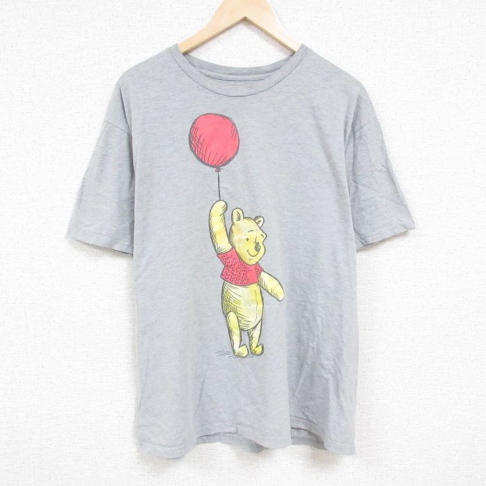 XL/古着 半袖 Tシャツ メンズ ディズニー DISNEY くまのプーさん 大きいサイズ クルーネック グレー 霜降り 24jun04 中古
