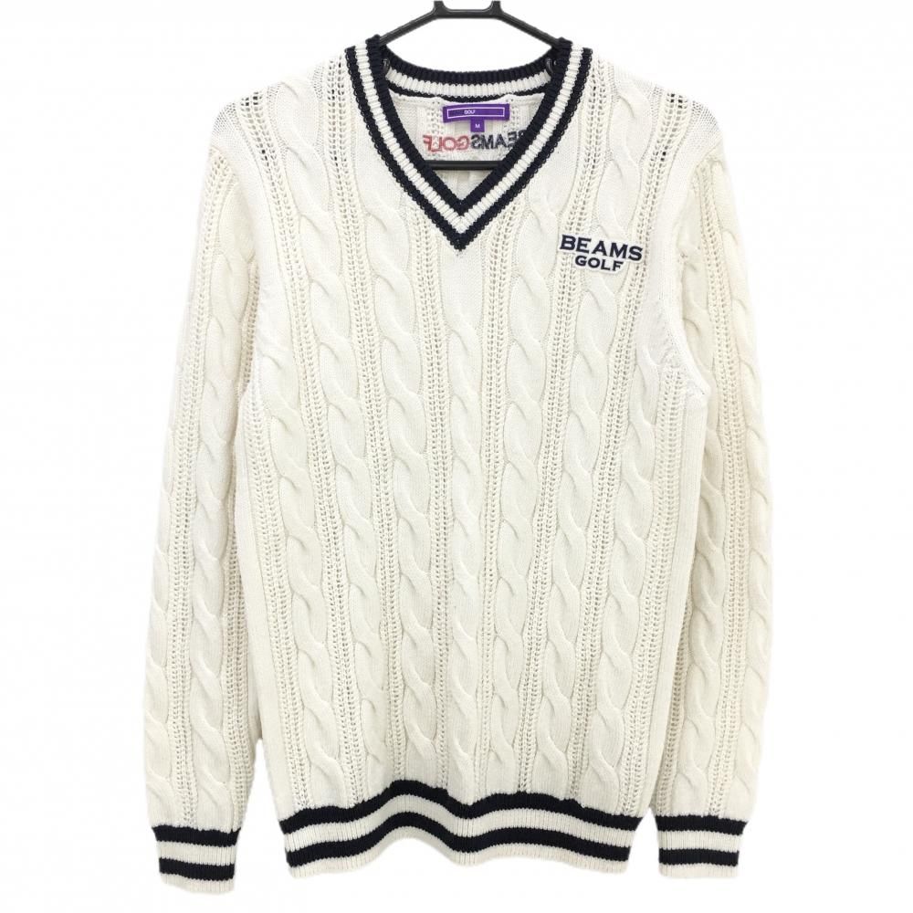 ビームスゴルフ　セーター　M ビームスゴルフ セーター アイボリー×ネイビー ケーブル編み ニット