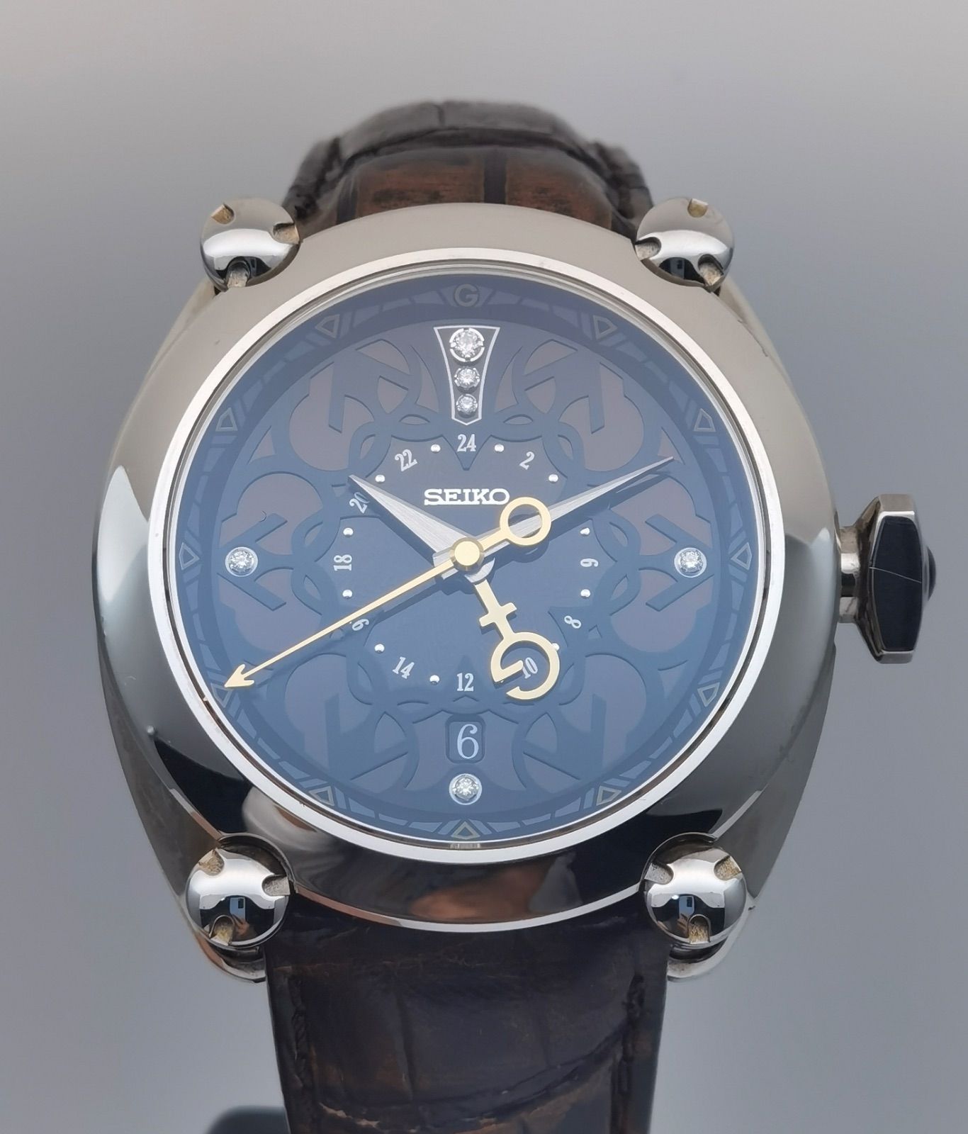 き セイコー SEIKO ガランテ SBLM009 8L36-00C0 6Pダイヤ 100本 デイト GMT SS レッド文字盤 メンズ 自動巻き 腕時計