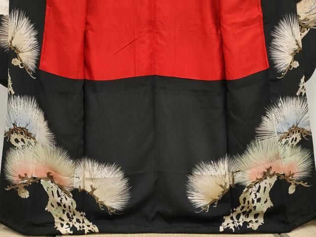 平和屋本店■極上　アンティーク　大正ロマン　中国三大刺繍　相良刺繍　振袖　飛鶴松葉文　黒地　金彩　逸品　CYAA2000s5 平和屋本店□極上 アンティーク 大正ロマン 中国三大刺繍 相良刺繍