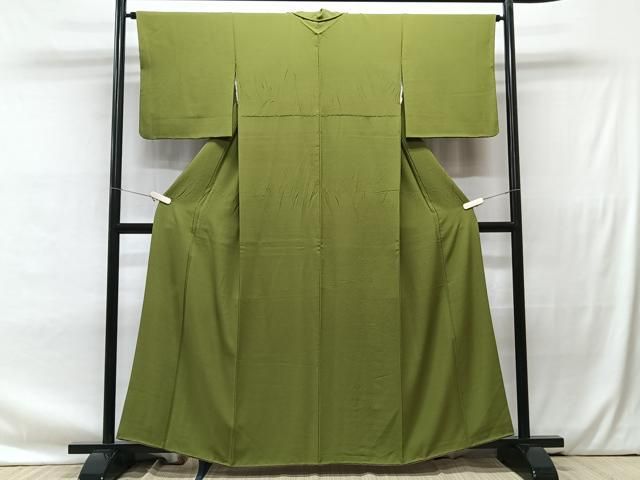 逸品！単衣◇未使用！正絹◎極上色無地165cm 一つ紋(揚羽蝶)苔色 逸品！単衣◇未使用！正絹◎極上色無地165cm 一つ紋(揚羽蝶)苔色