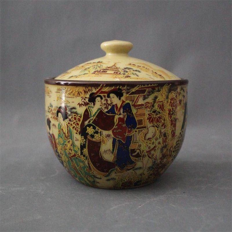 乾隆粉彩人物仕女図蓋缶 景徳鎮 陶磁器 装飾品 現代工芸品美術品 置物
