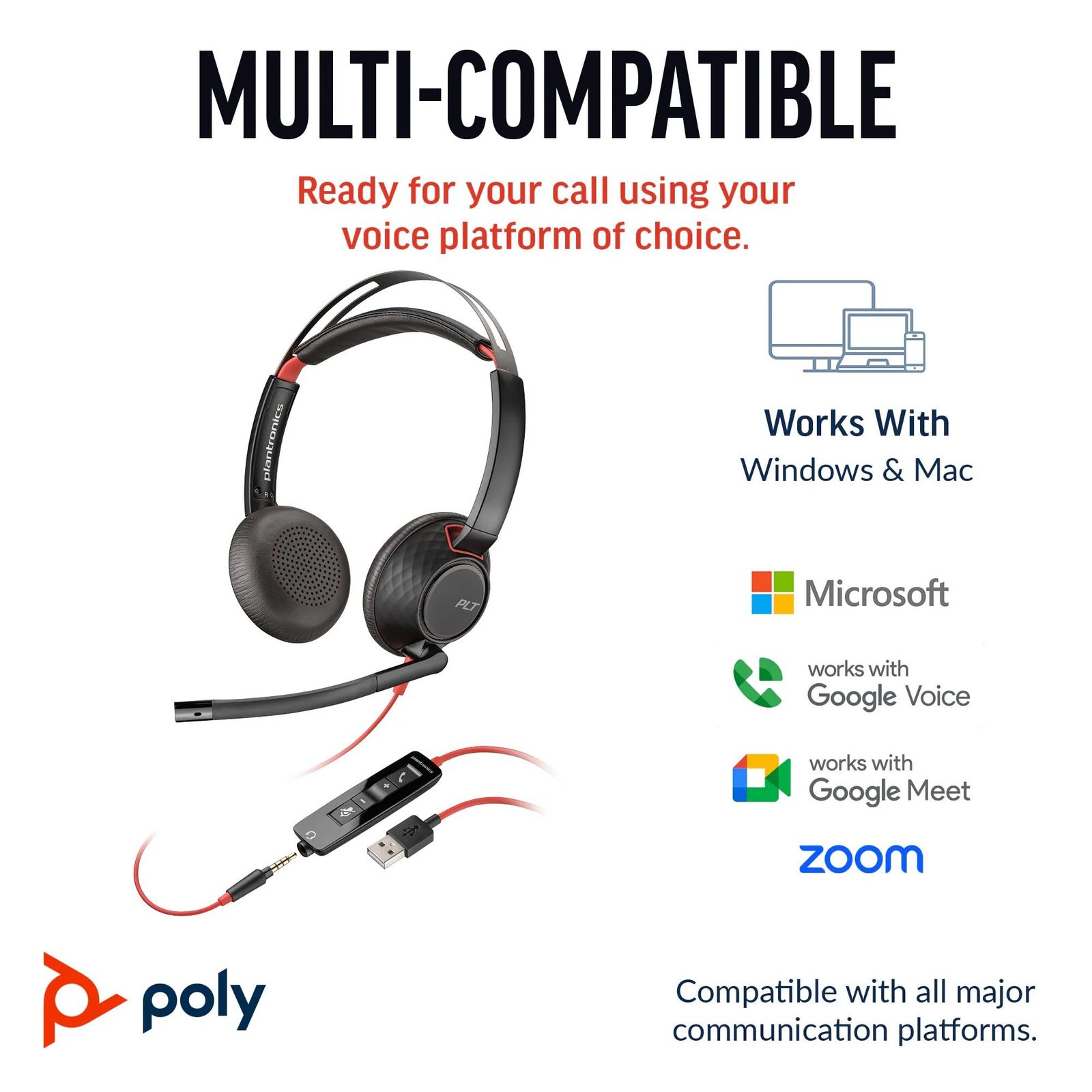 Plantronics Poly Blackwire 5220ステレオUSB-Cヘッドセット + 3.5mm