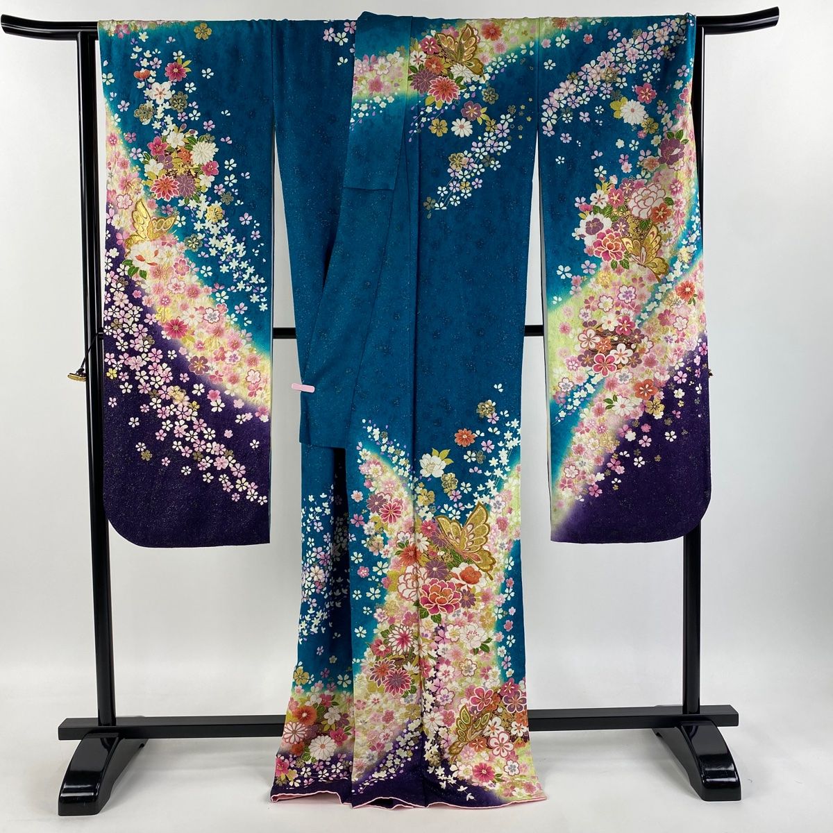 ≪美品≫正絹　振袖のみ【283】【身長155㎝〜165㎝の方用】 振袖 身丈165.5cm 裄丈67.5cm L 袷 袋帯フルセット 山鉾 桜 金銀
