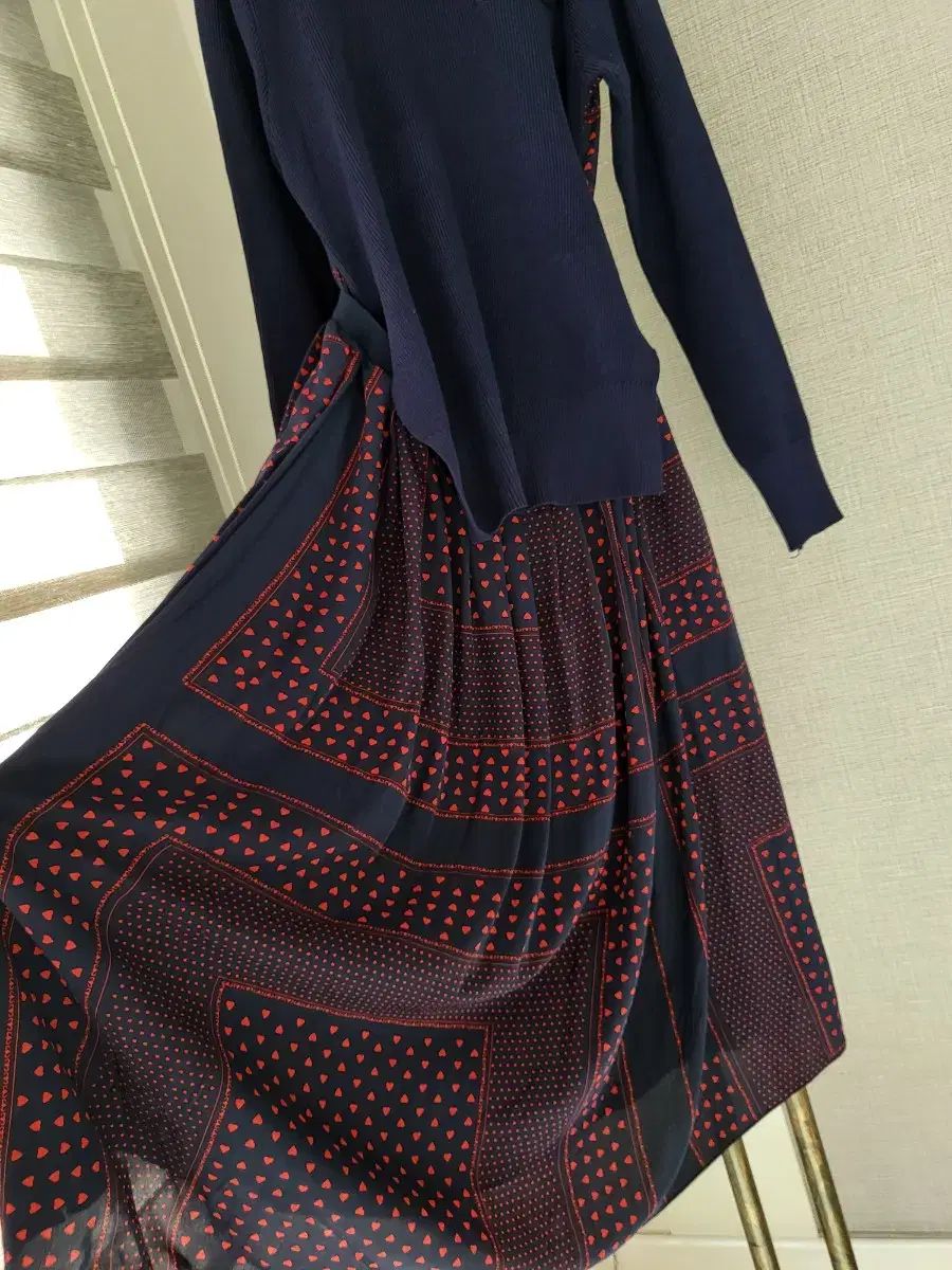 ネイビー ニット+シフォン ロング丈ワンピース