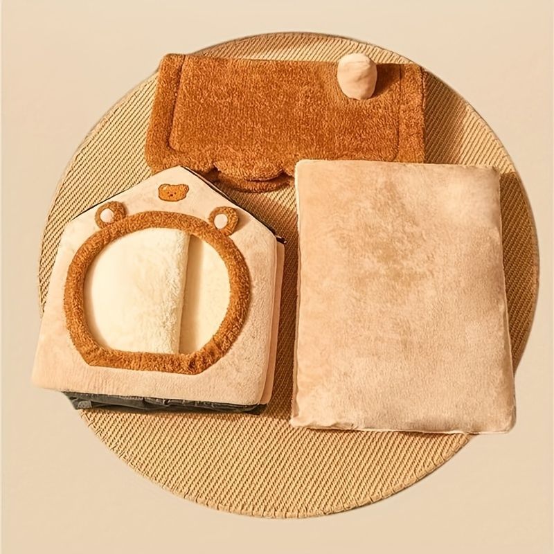 スターパターンリネンパチベッド、卵形暖かい冬の猫ハウス、折りたたみ 