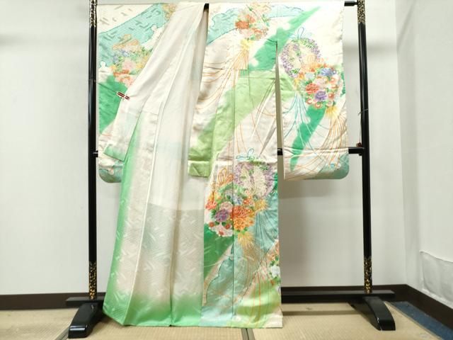 平和屋着物□豪華振袖 駒刺繍 雪芝草花丸文 暈し染め 金彩