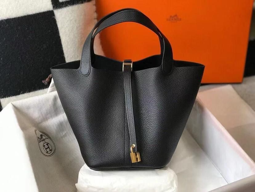 ブラック レディース ハンドバッグ 18cm ゴールド金具 ピコタン